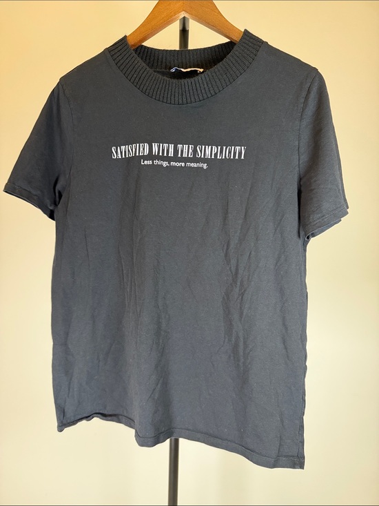 Zara Tops - Zara Black Minimalist Slogan Graphic Tee Ribbed Neck Short Sleeve | Size L